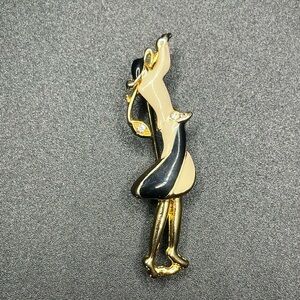 Vintage lady brooch black cream enamel rhinestone figural pin